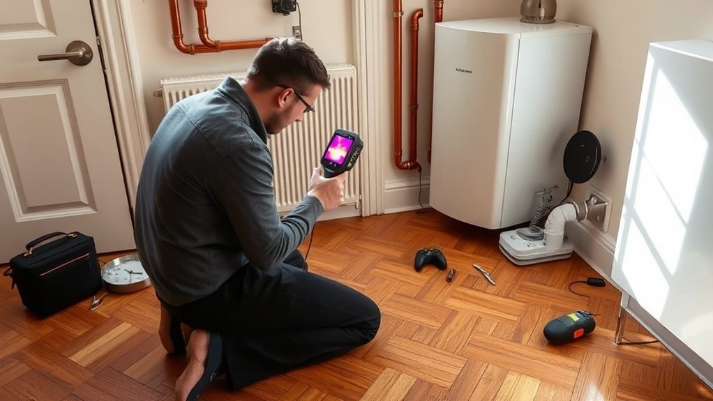 Engineer locating central heating leak using thermal imaging in Hendon